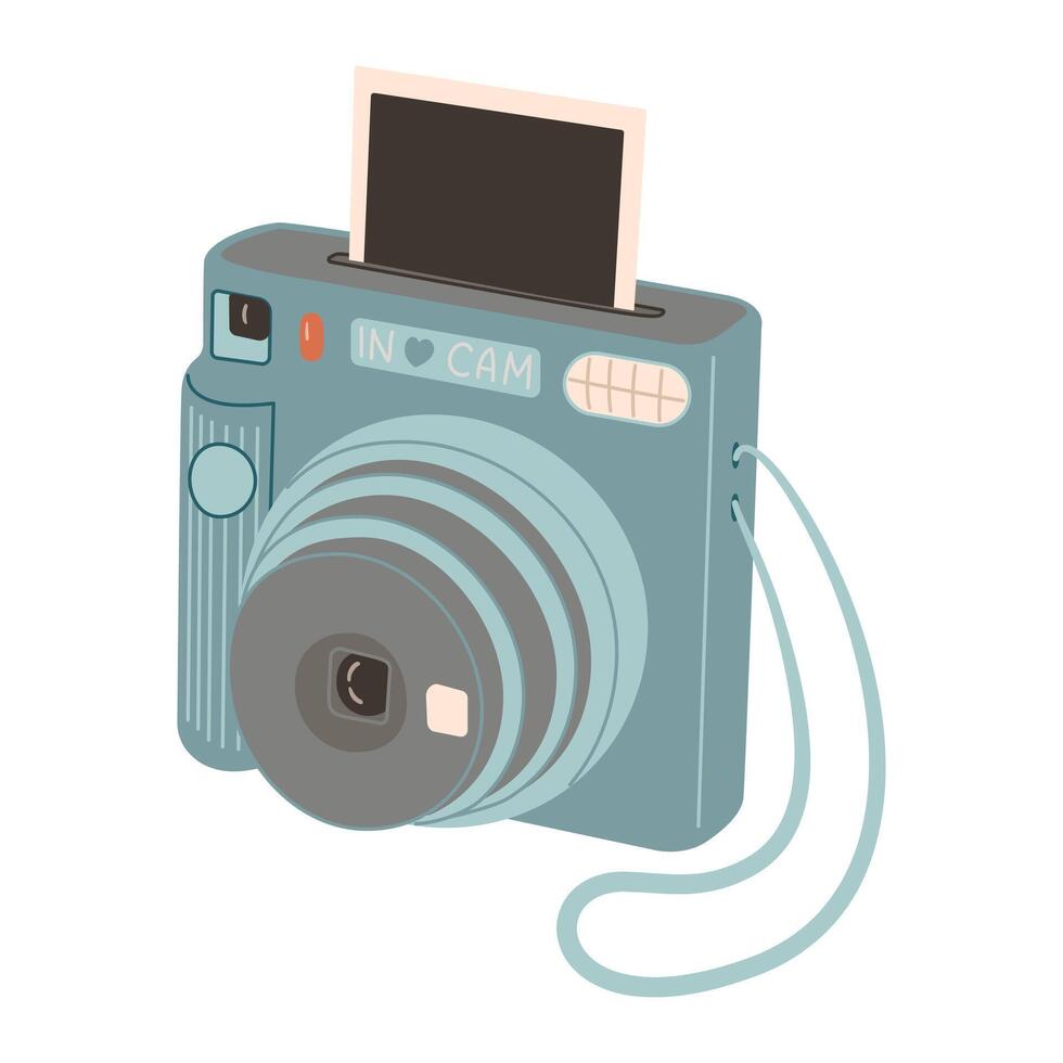 Blue Instant camera device with photo. Photography camera Hand drawn trendy flat style on white background. Icon for websites or mobile applications. Flash and lens visible. vector