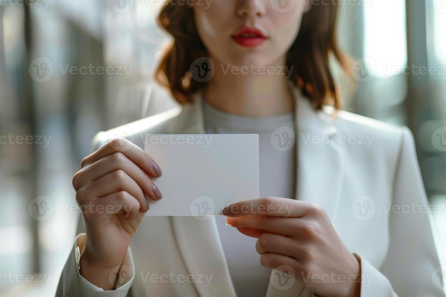 Attractive businesswoman with business card photos. photo