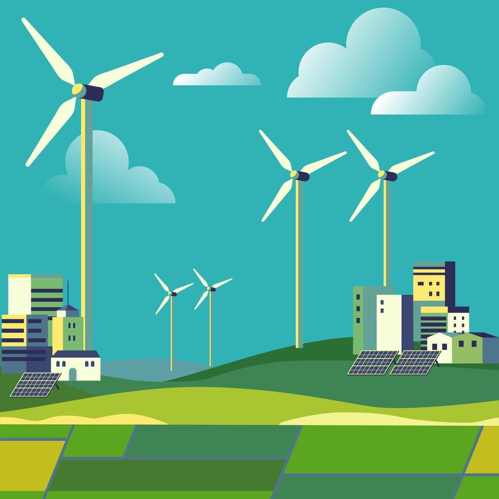 Minimalist geometric eco and green energy concept city landscape illustration with buildings, hills, trees, solar panels, and wind turbines vector