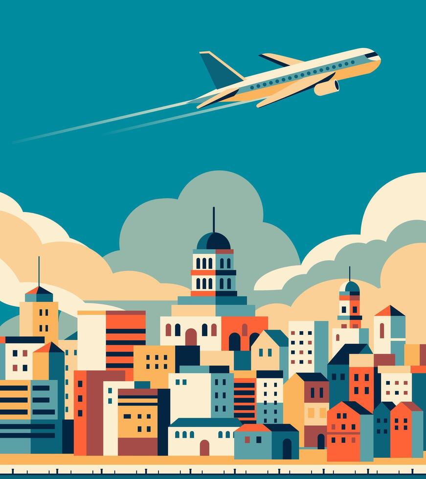 un avión moscas terminado un europeo ciudad, con un retro color y estilizado europeo paisaje urbano, un ilustración de un viaje concepto vector