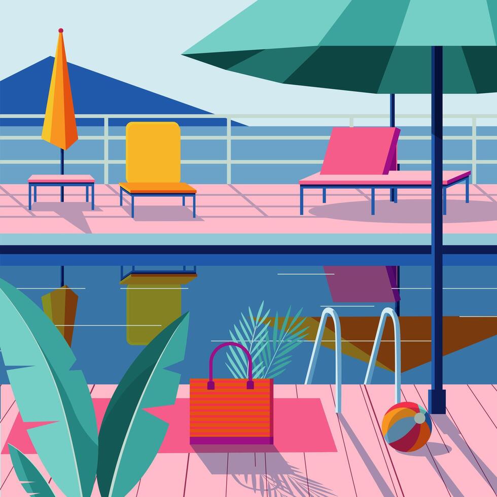 A flat illustration depicting a swimming pool by the beach under the summer sun vector
