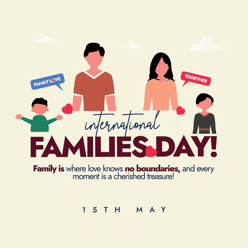 internacional familias día. 15 mayo internacional familias día celebracion bandera con familia de cuatro madre, padre, hijo, hija. abrazando diversidad, fortalecimiento familias conciencia bandera vector