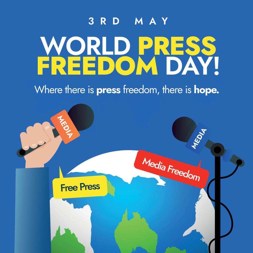 mundo prensa libertad día. mayo tercero, mundo prensa día celebracion bandera con mano participación micrófono, mic con estar tierra globo. un prensa para el planeta periodismo en el cara de el ambiental crisis vector