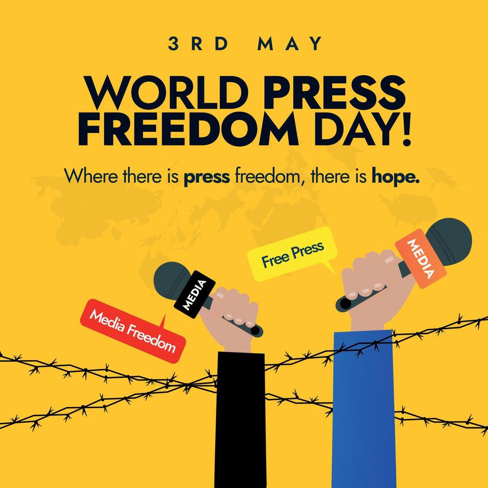 World Press Freedom Day. 3 May World press freedom day conceptual banner, post with two hands holding microphone clasp by barbed wire. A Press for the Planet, Journalism in the face of the Environment vector