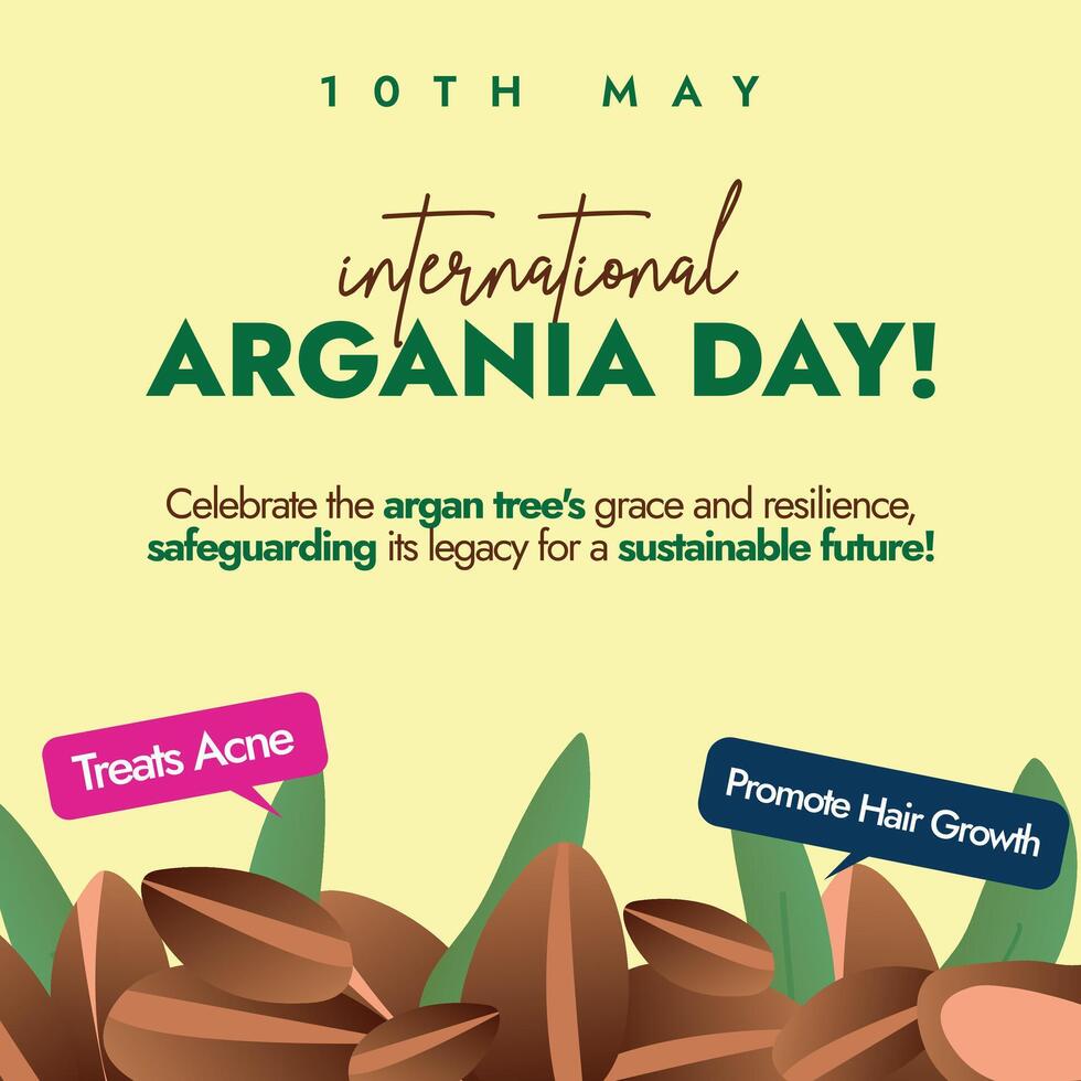 International day of Argania. 10th May International day of Argania celebration banner with argan plant and seeds on dark green background. Banner, social media post for Benefits of Argan trees. vector