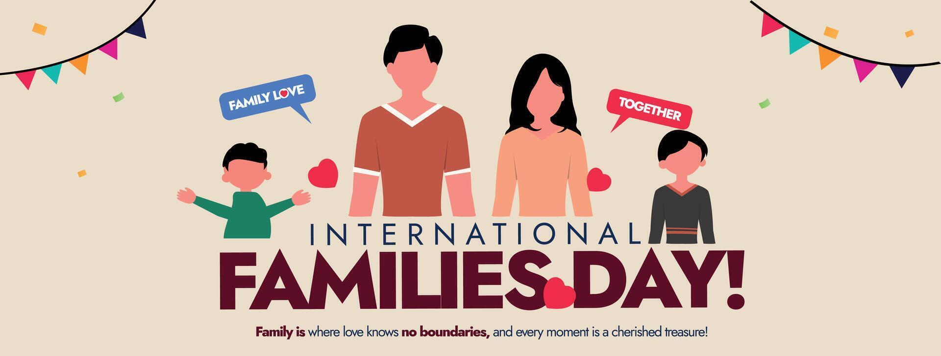 internacional familias día. 15 mayo internacional familias día celebracion ensenada bandera con familia de cuatro madre, padre, hijo, hija. abrazando diversidad, fortalecimiento familias conciencia bandera vector