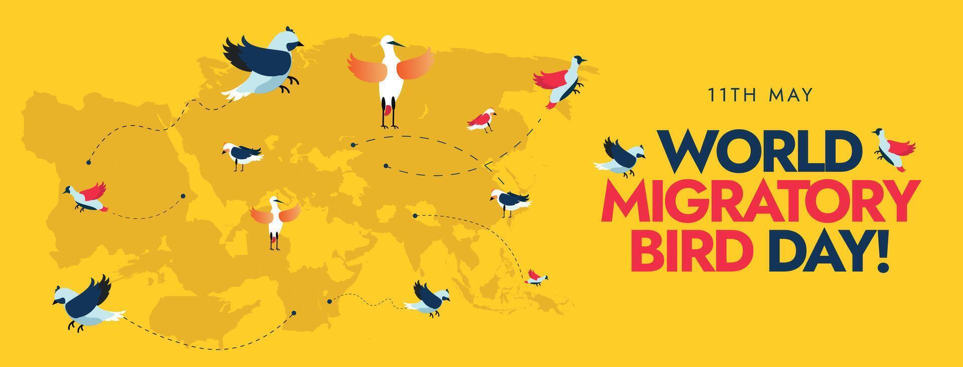 mundo migratorio pájaro día. 11 mayo mundo migratorio pájaro día celebracion cubrir bandera, enviar con silueta mundo mapa y aves con punteado líneas. migración aves conservación conciencia bandera. vector