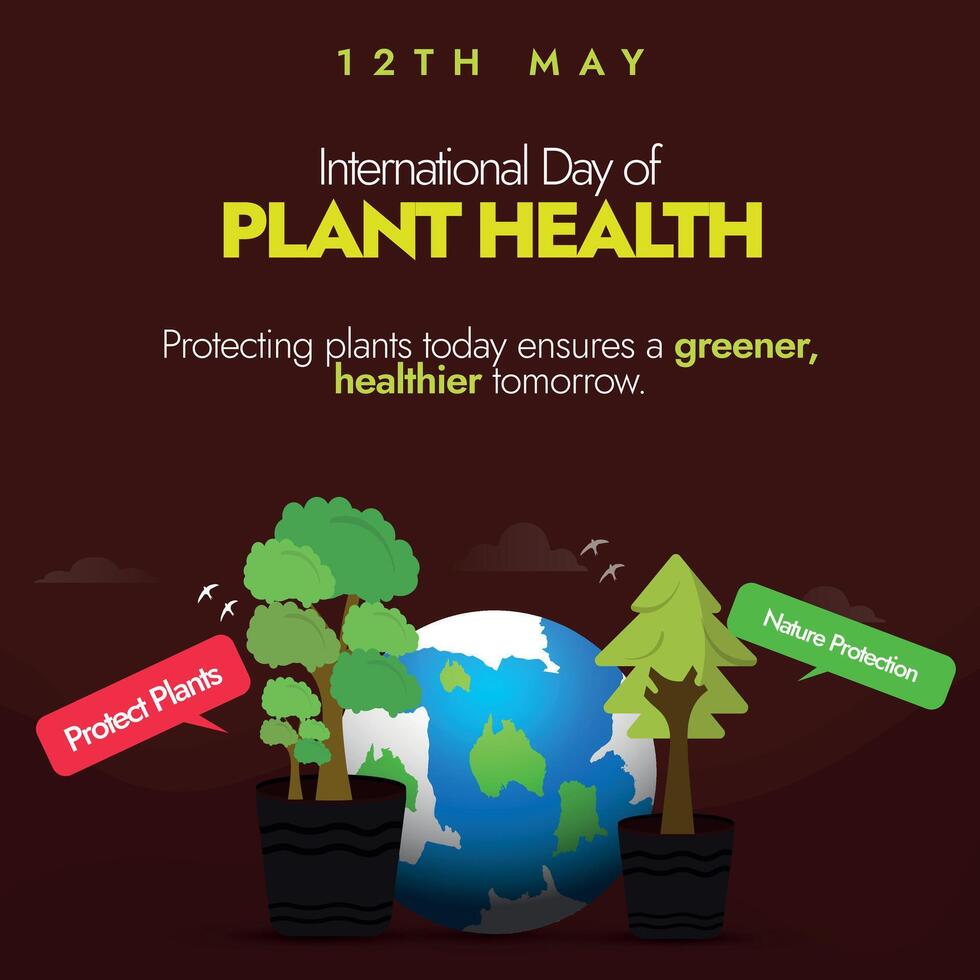 International day of Plant Health. 12th May International day of Plant Health banner, post with small plant icons and earth globe. Importance of plant health to reduce poverty, protect biodiversity. vector
