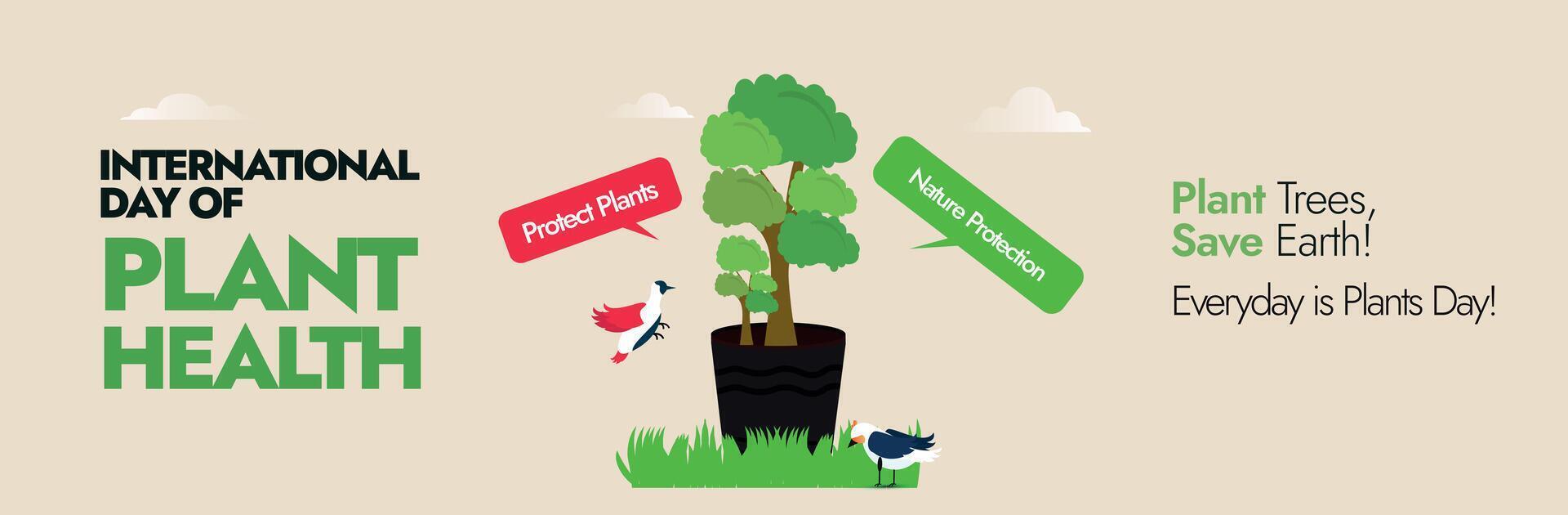 International day of Plant Health. 12th May International day of plant Health cover banner with mini plant, birds and speech bubbles protect plants, nature protection. Cover banner idea for plants. vector