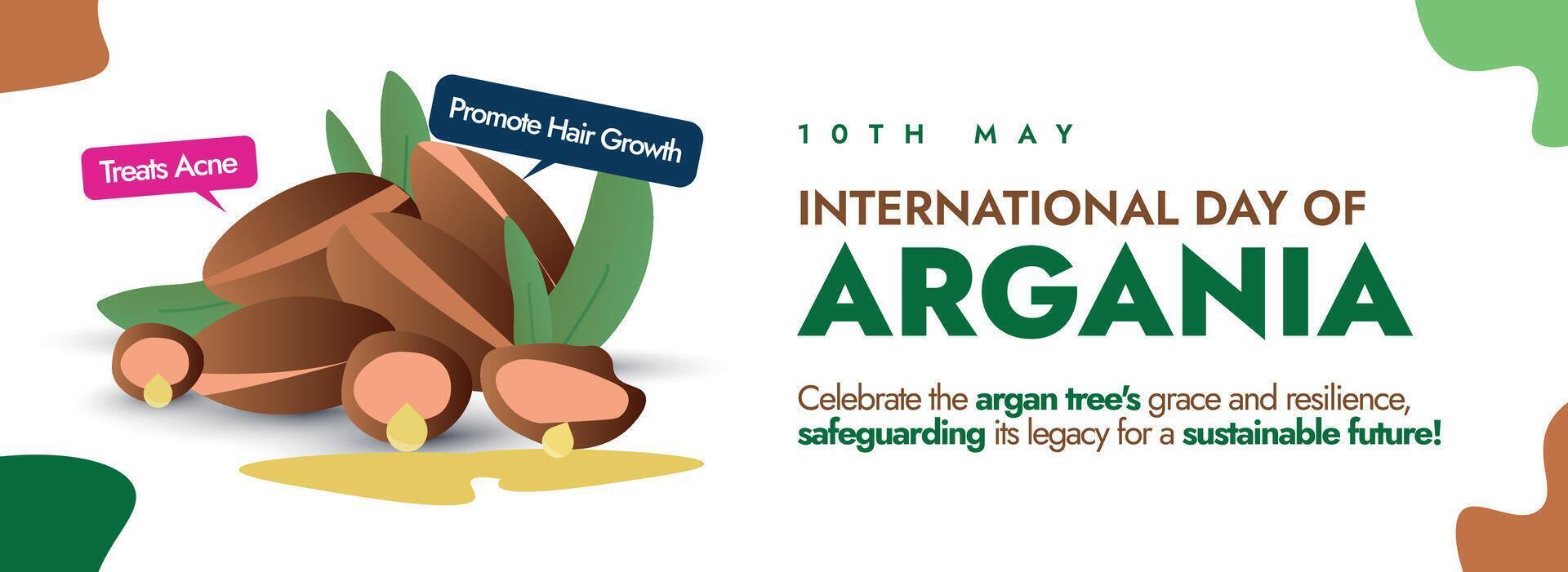 International day of Argania. 10th May International day of Argania celebration post, cover banner, card with argan seeds. This day celebrates the argan trees they play crucial role in environment vector