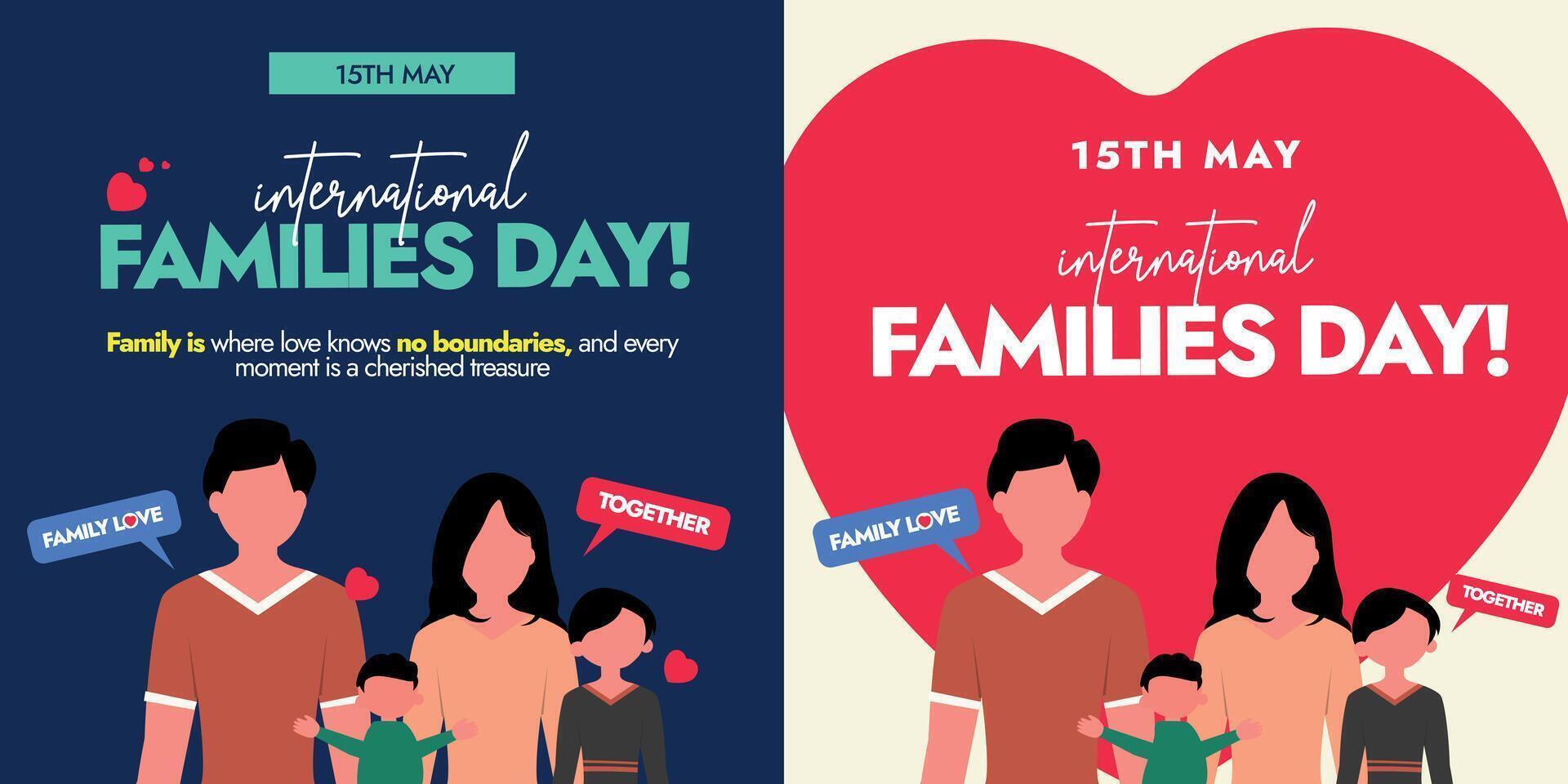 International families day. 15th May International Families day banners, posts in different colour themes with father, mother, son and daughter icons. Global Family day unity, togetherness, concept. vector