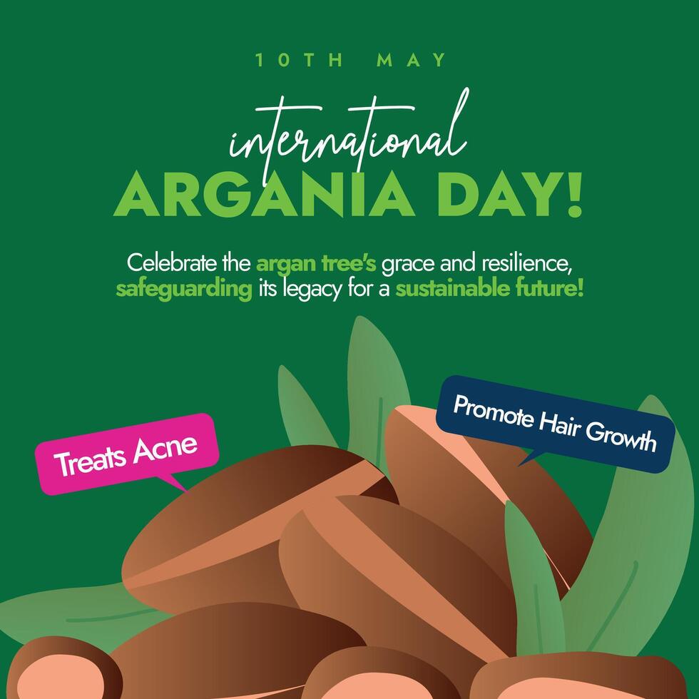 International day of Argania. 10th May International day of Argania celebration banner with argan plant and seeds on dark green background. Banner, social media post for Benefits of Argan trees. vector