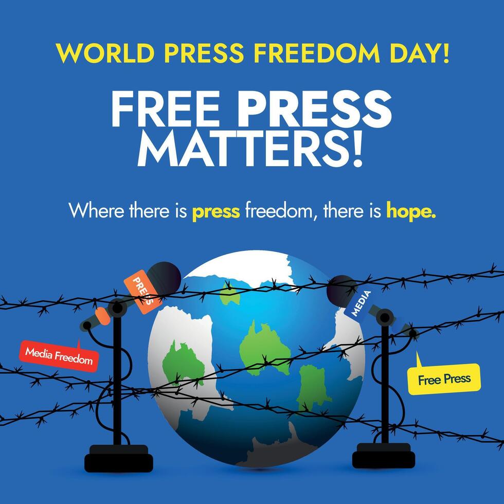 World Press Freedom Day. 3rd May World Press Freedom day banner, social media post with earth globe, microphone seized by barbed, fencing wire. Freedom of expression, journalism, truth conceptual post vector