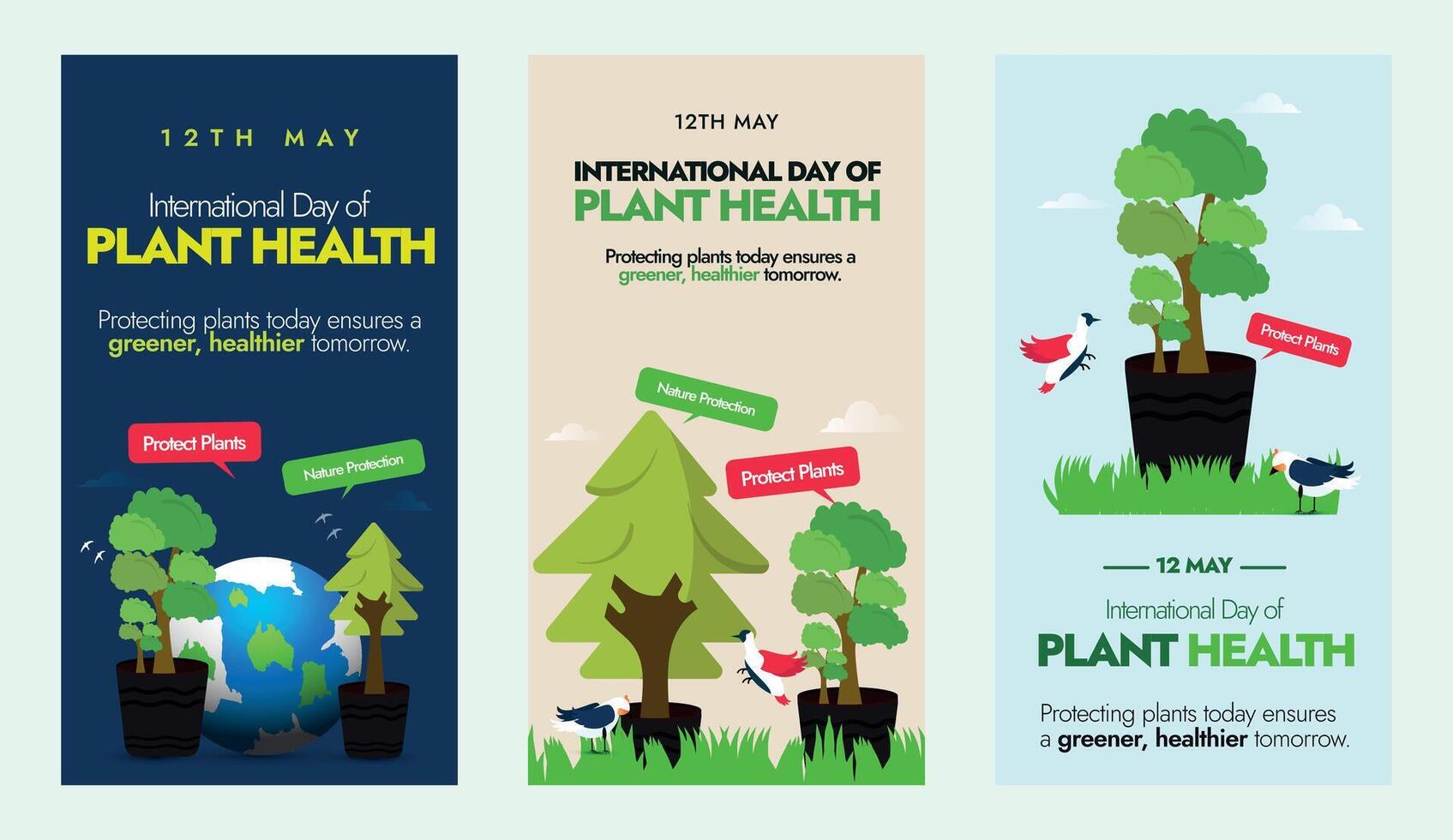 internacional día de planta saludes. 12mo mayo internacional día de plantas salud Tres diferente vertical pancartas, publicaciones, modelo diseño. proteger planta salud lata ayuda final hambre, reducir pobreza. vector