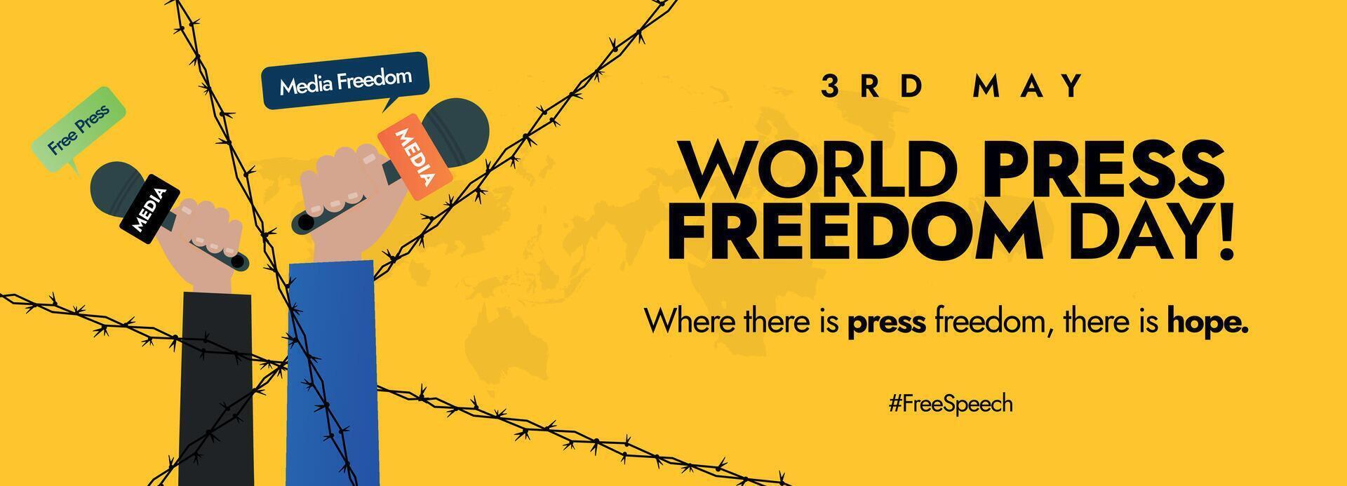 World Press Freedom Day. 3 May World press freedom day cover banner, post with two hands holding microphone clasp by barbed wire. A Press for the Planet, Journalism in the face of the Environment vector