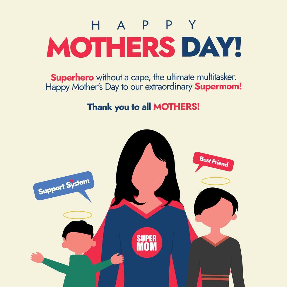 Happy Mothers day. 12th May Happy Mothers day 2024 celebration banner, social media post with mother wearing superhero costume, daughter and son. Appreciating Women as super mom. Mothers day concept. vector
