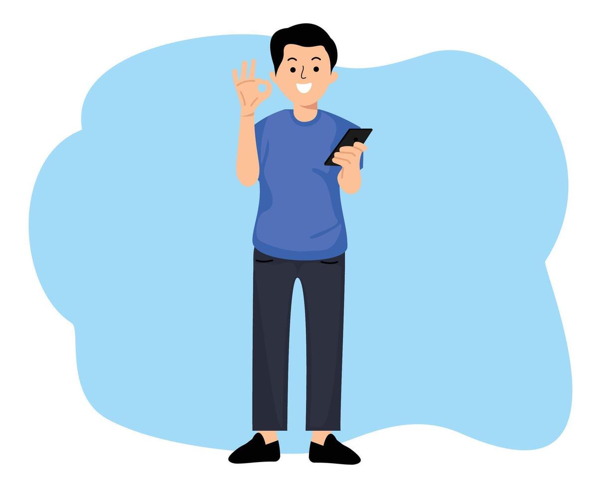 man showing ok sign after using smartphone app online shopping vector