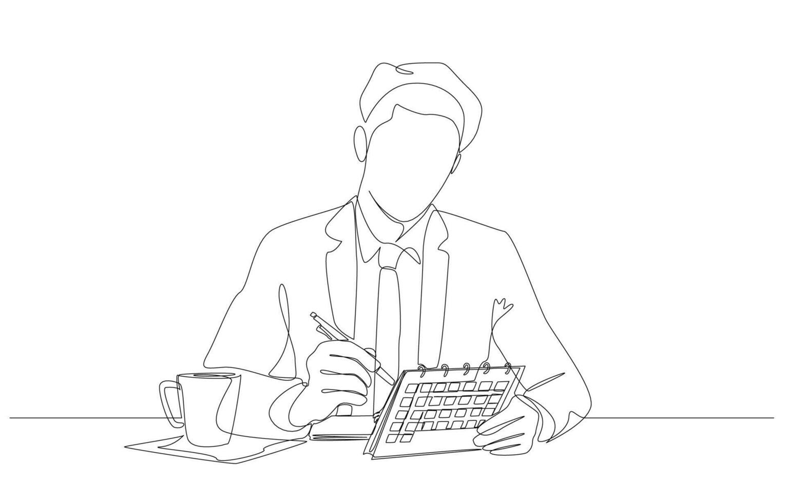 Continuous one line drawing of businessman holding desk calendar to plan work queue, planning work schedule concept, single line art. vector