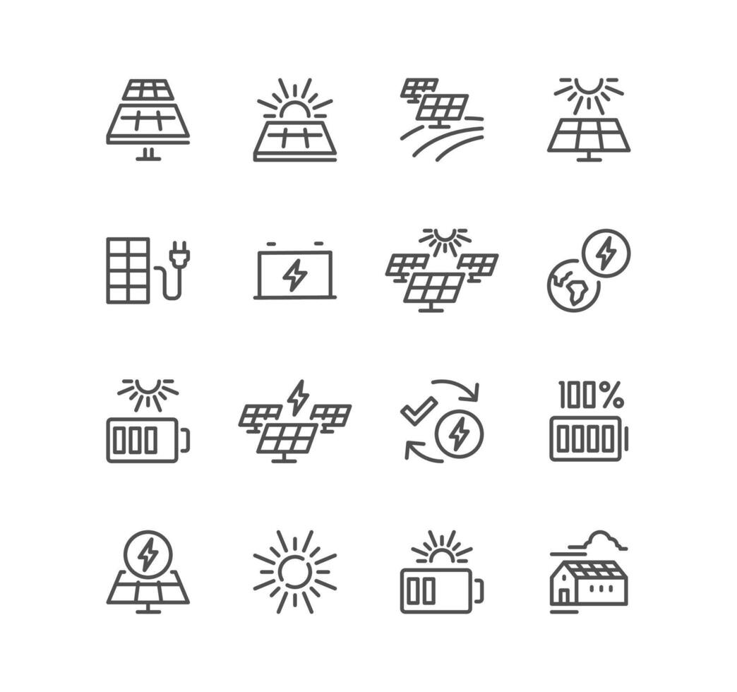 Set of solar panel related icons, alternative electricity source, solar panel plant, renewable power supply system, sustainable energy, panel installation, roof panel and linear variety s. vector