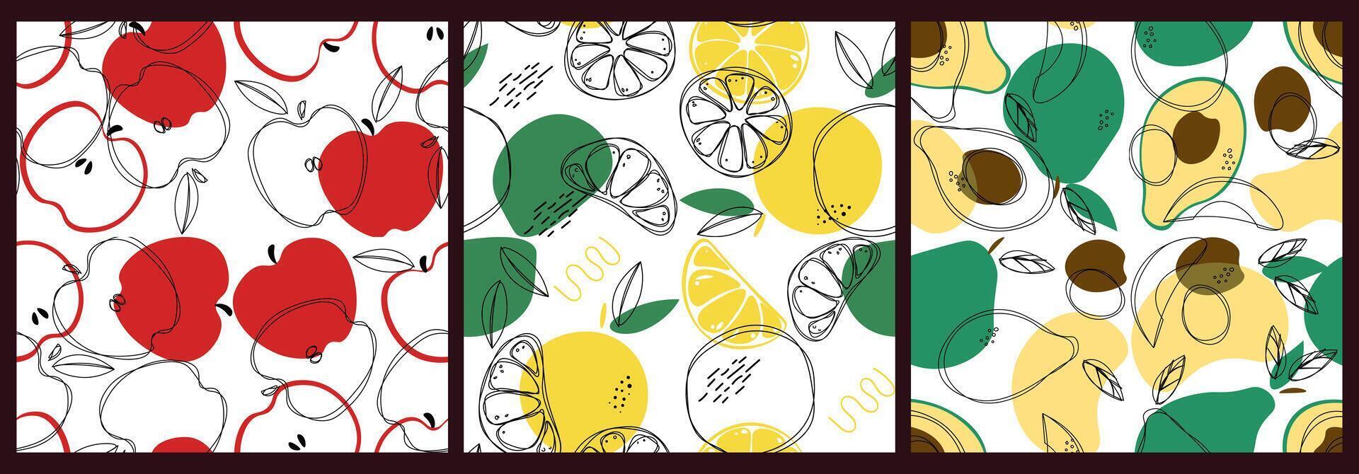 Seamless pattern set with apples, oranges, and avocado vector