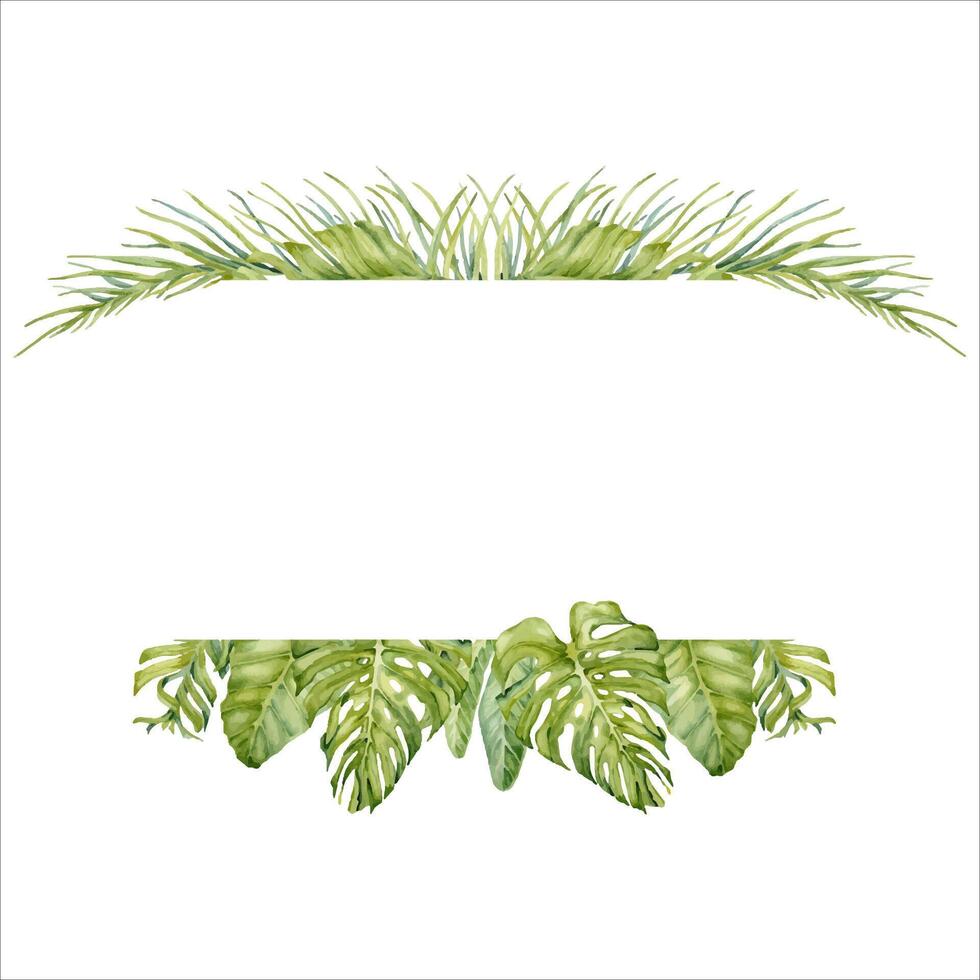 Tropical green leaves frame for your text. Invitation card design with palm tree branches and monstera. Hand drawn watercolor isolated on white background. Copy space template for postcards and flyers vector