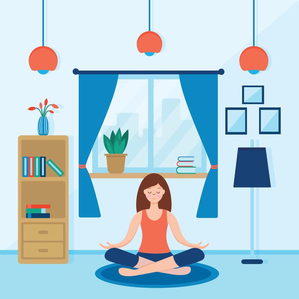 niña sentado con las piernas cruzadas en su habitación o departamento, practicando yoga y disfrutando meditación. vector