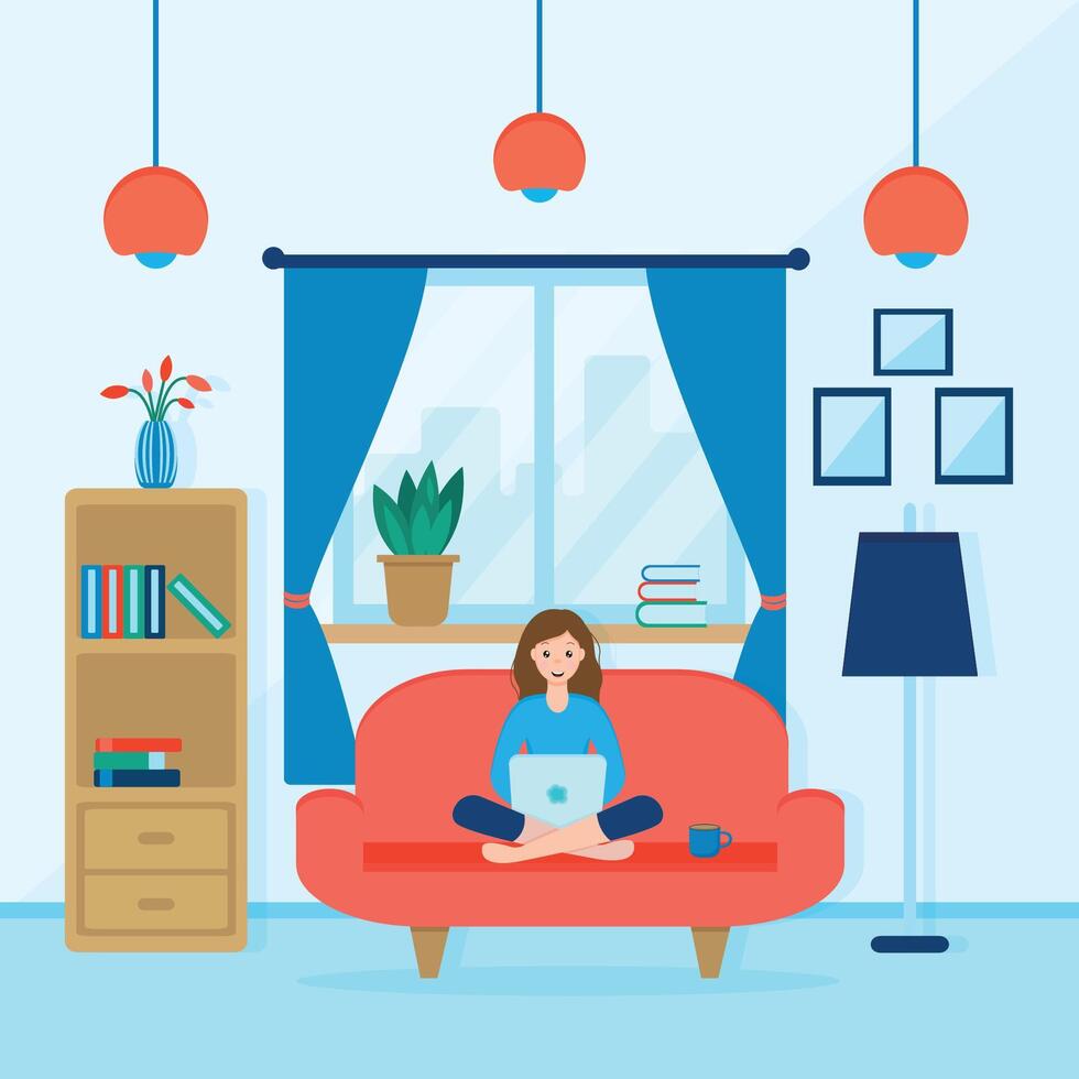 a girl or woman with a laptop is sitting on the sofa. vector