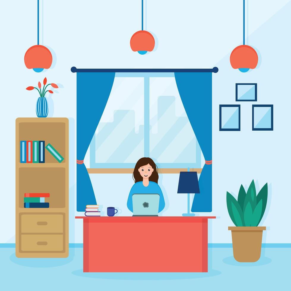 Student Learning Online at Home. Character Sitting at Desk, Looking at Laptop and Studying, Books and Exercise Books. Online Education Concept. vector