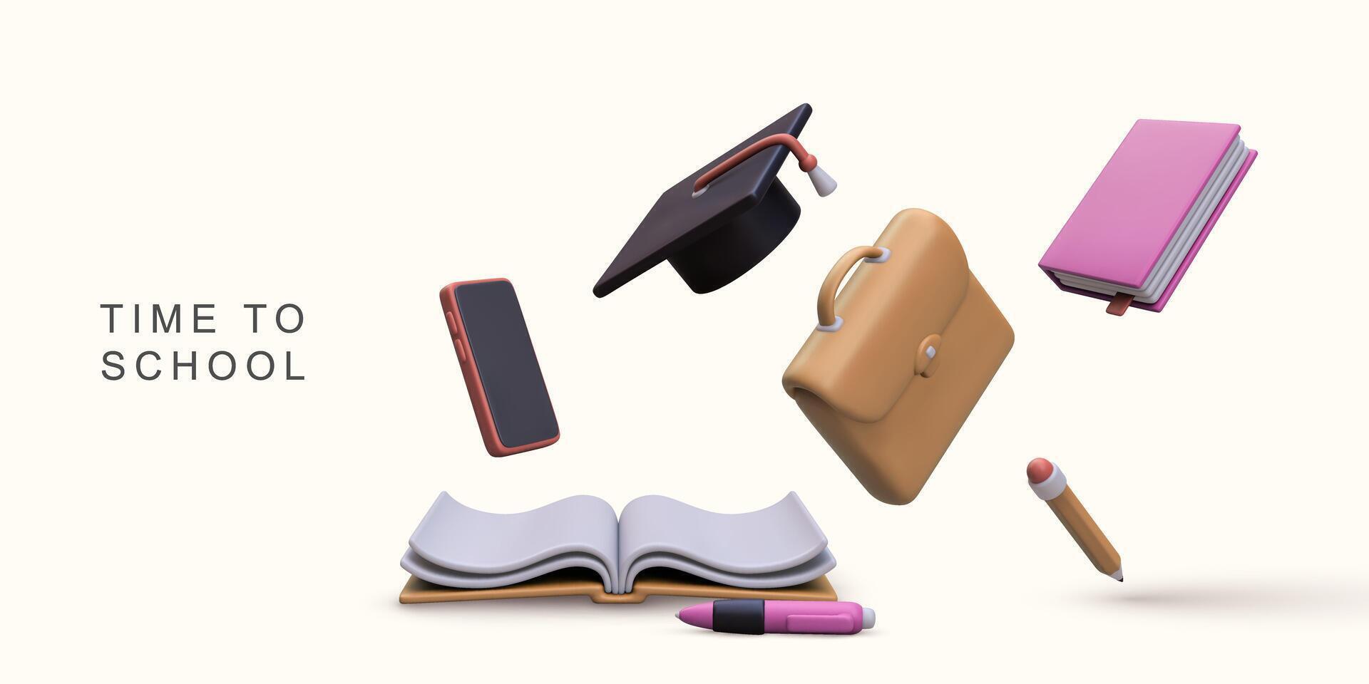 3d realistic banner with school supplies on white background. vector