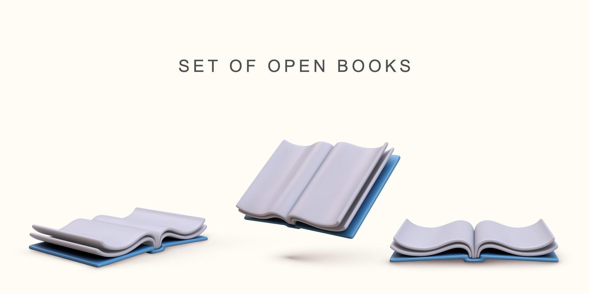 3d realistic set open books on white background. vector