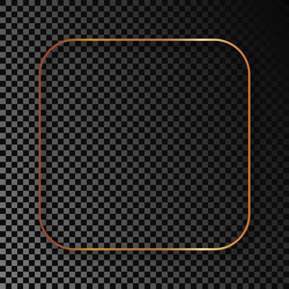 Gold glowing rounded square frame with shadow isolated on dark background. Shiny frame with glowing effects. illustration. vector