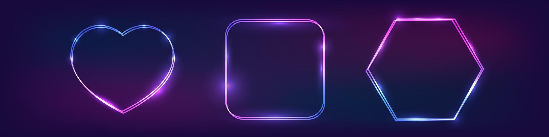 Set of neon double frames with shining effects vector