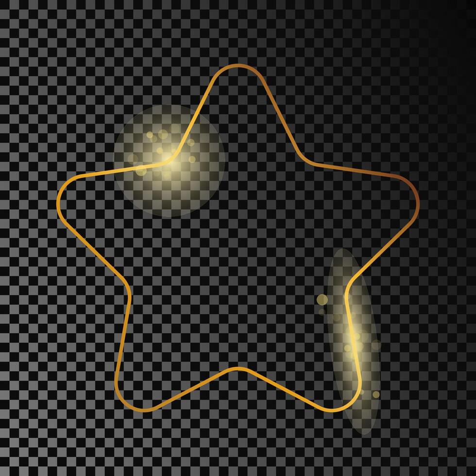 Gold glowing rounded star shape frame isolated on dark background. Shiny frame with glowing effects. illustration. vector