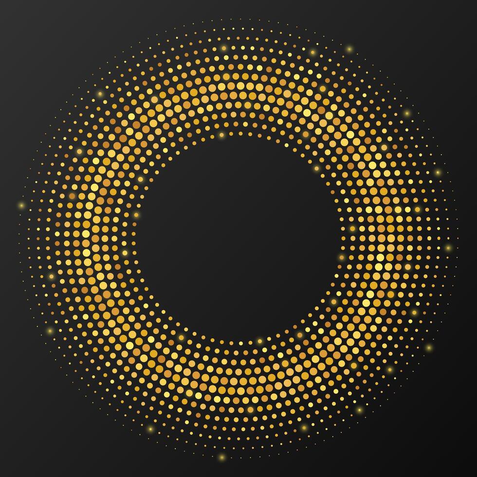 Abstract gold glowing halftone dotted background. Gold glitter pattern in circle form. Circle halftone dots. illustration vector