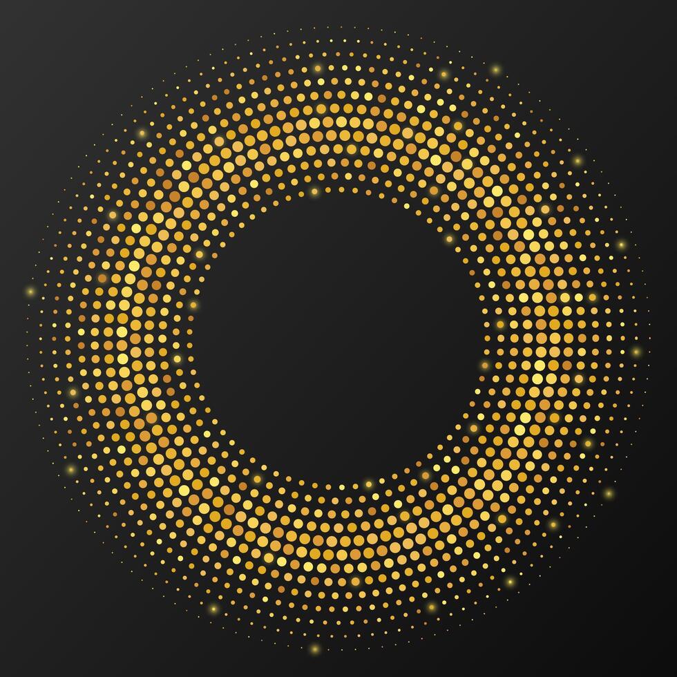 Abstract gold glowing halftone dotted background. Gold glitter pattern in circle form. Circle halftone dots. illustration vector