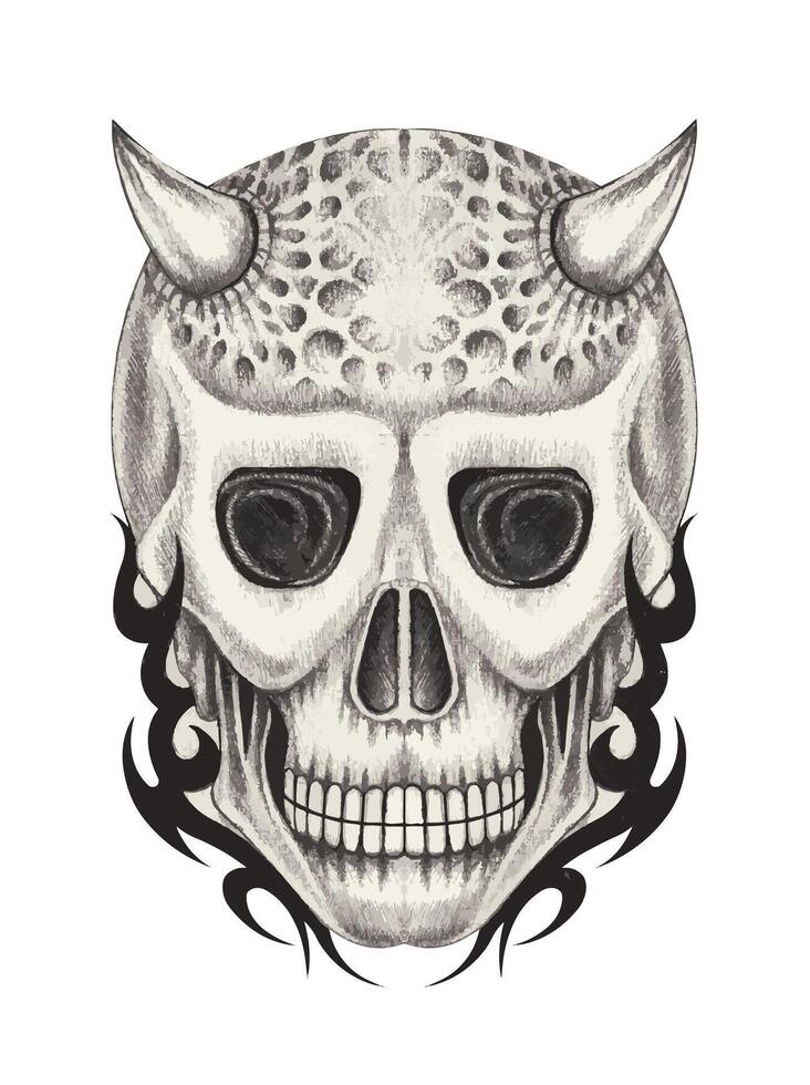 Demon skull tattoo design by hand drawing on paper. vector