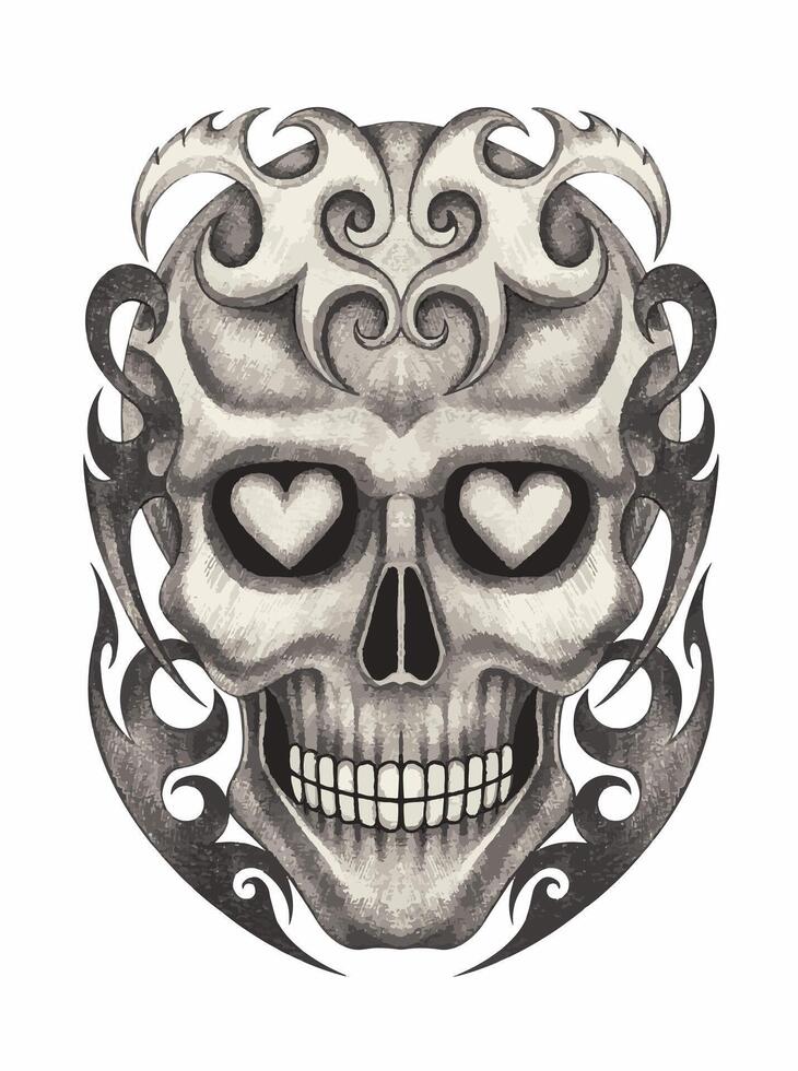 Skull tattoo design by hand drawing on paper. vector