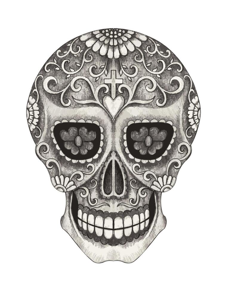 Sugar skull day of the dead design by hand drawing on paper. vector