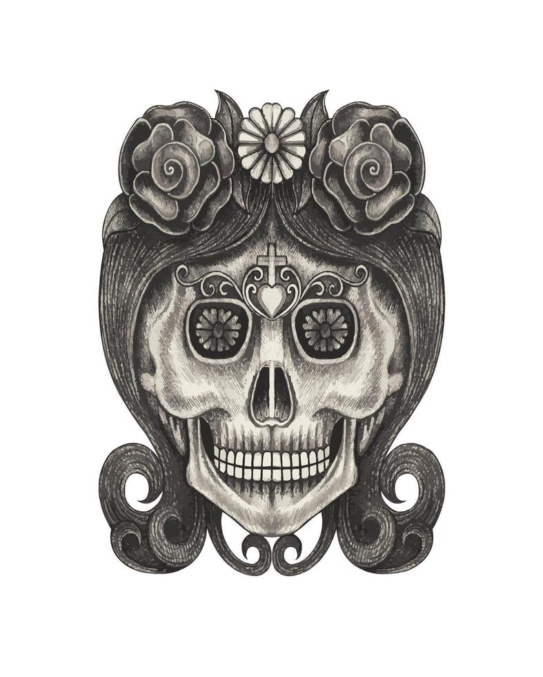 Sugar skull day of the dead design by hand drawing on paper. vector