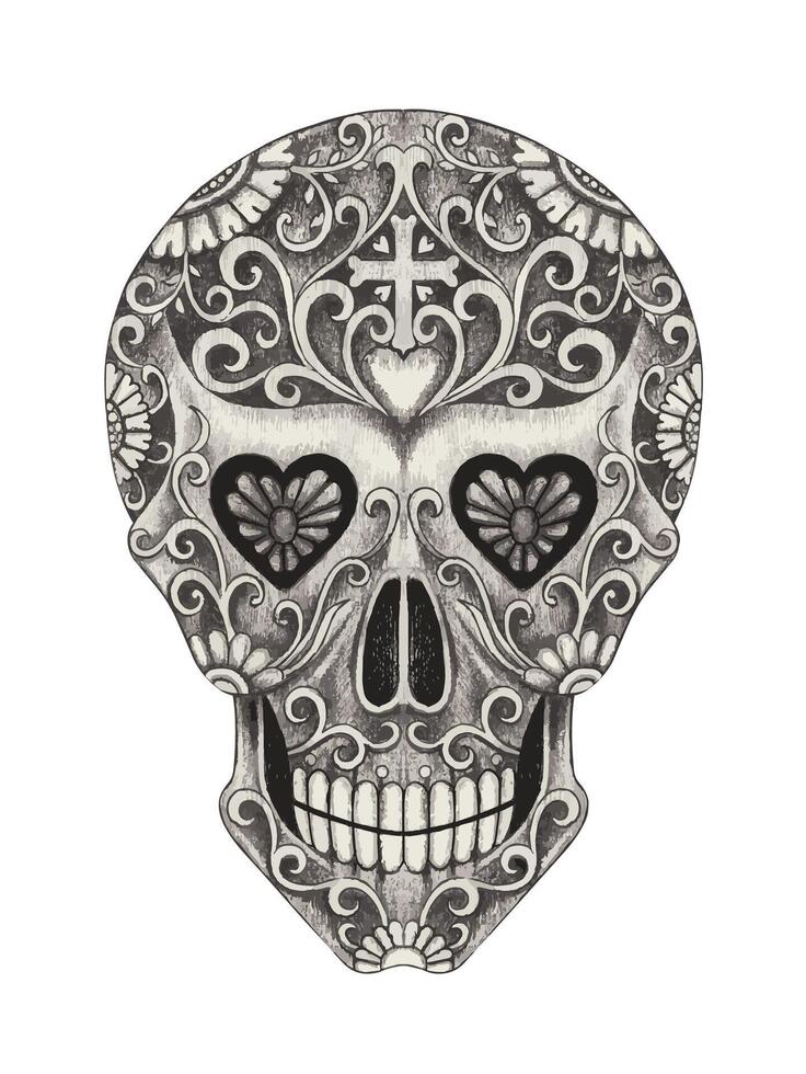 Sugar skull day of the dead design by hand drawing on paper. vector