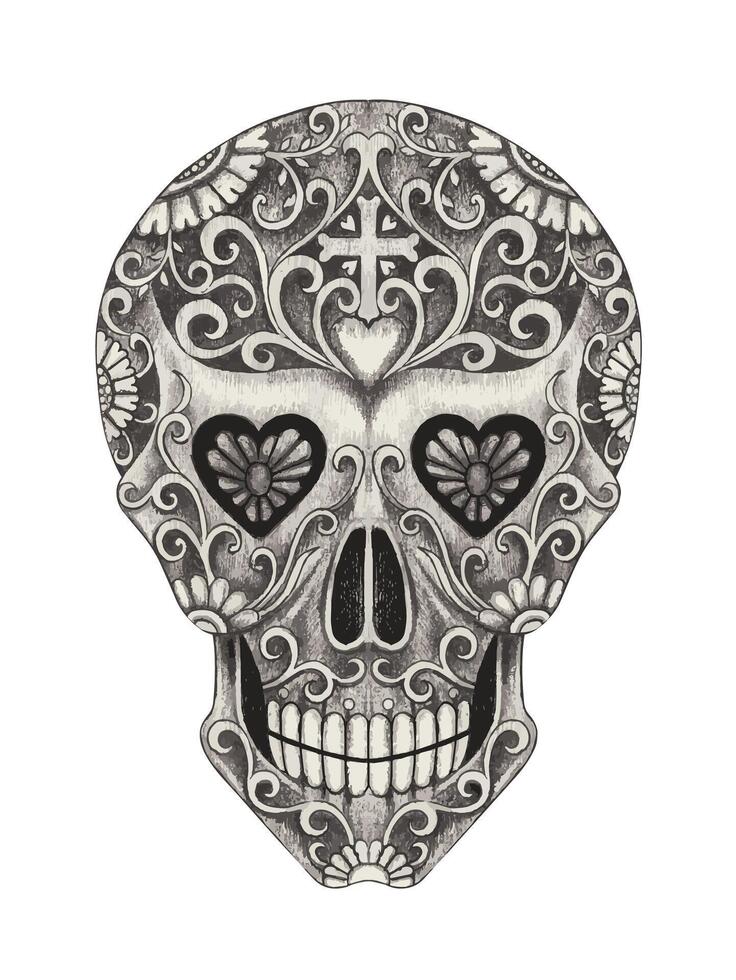 Sugar skull day of the dead design by hand drawing on paper. vector