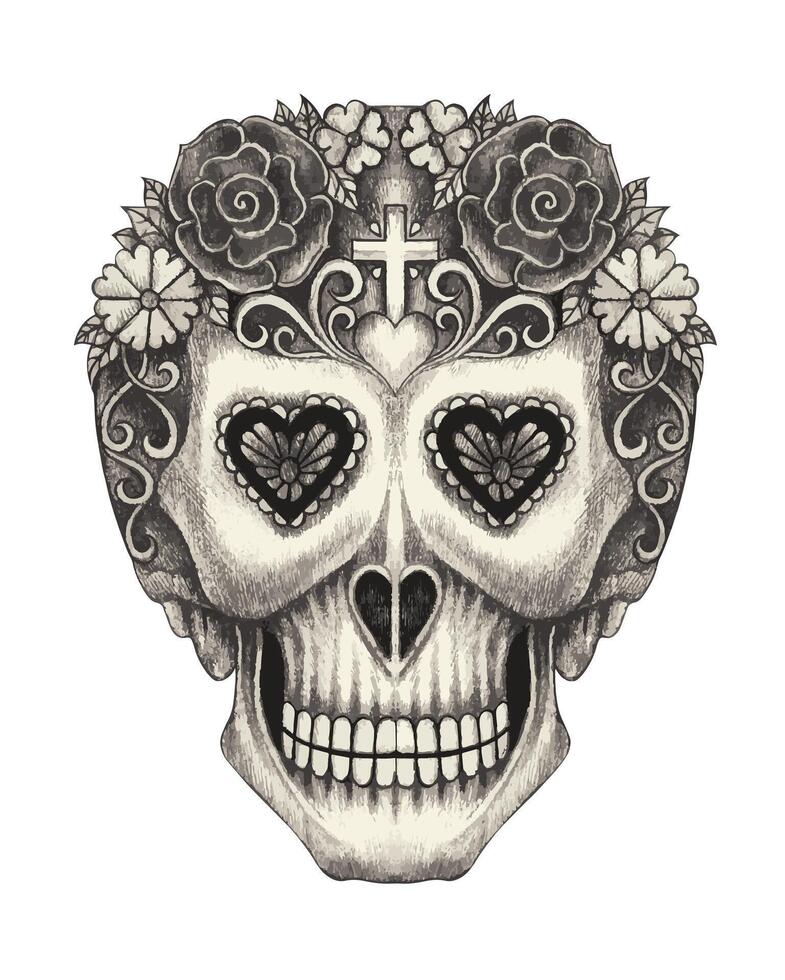 Sugar skull day of the dead design by hand drawing on paper. vector