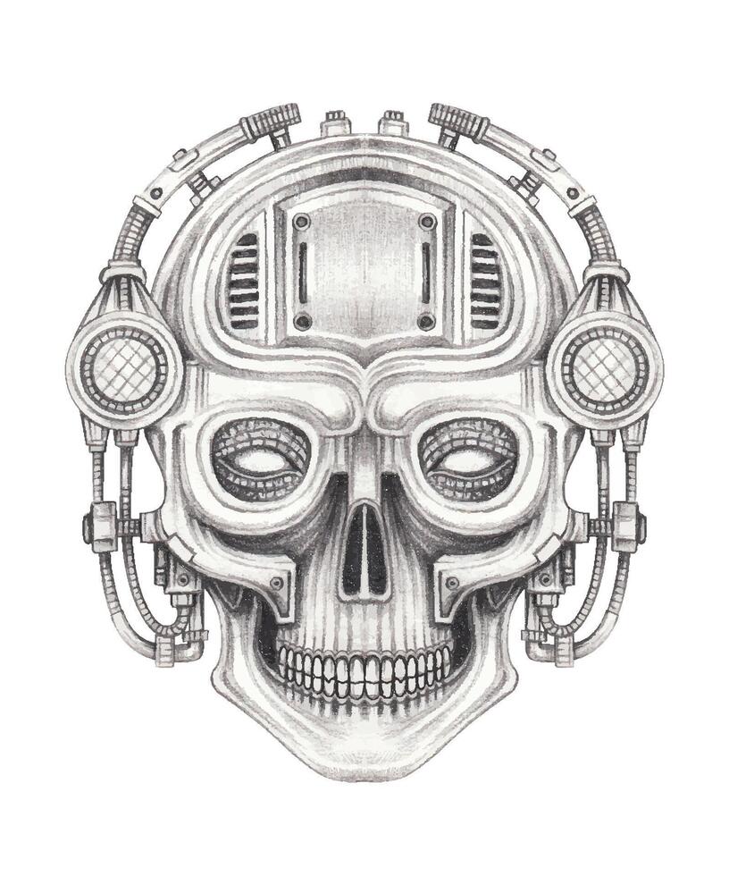 Cyberpunk skull tattoo design by hand drawing on paper. vector