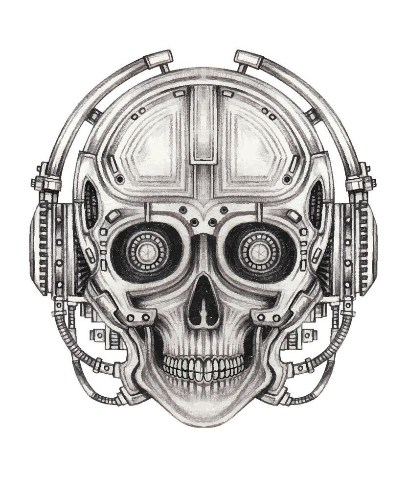 Cyberpunk skull tattoo design by hand drawing on paper. vector