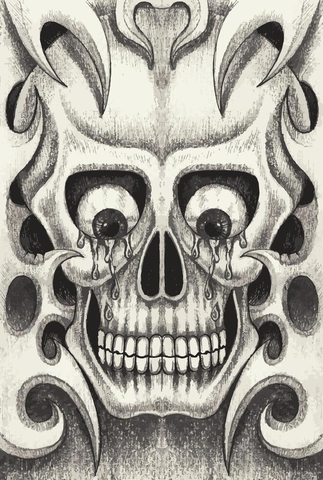 Skull tattoo design by hand drawing on paper. vector