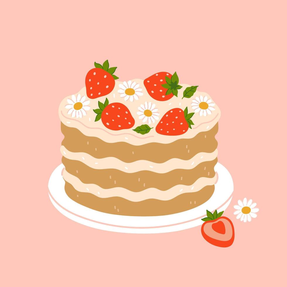 Cute cake decorated with strawberries and chamomile flowers. graphics. vector