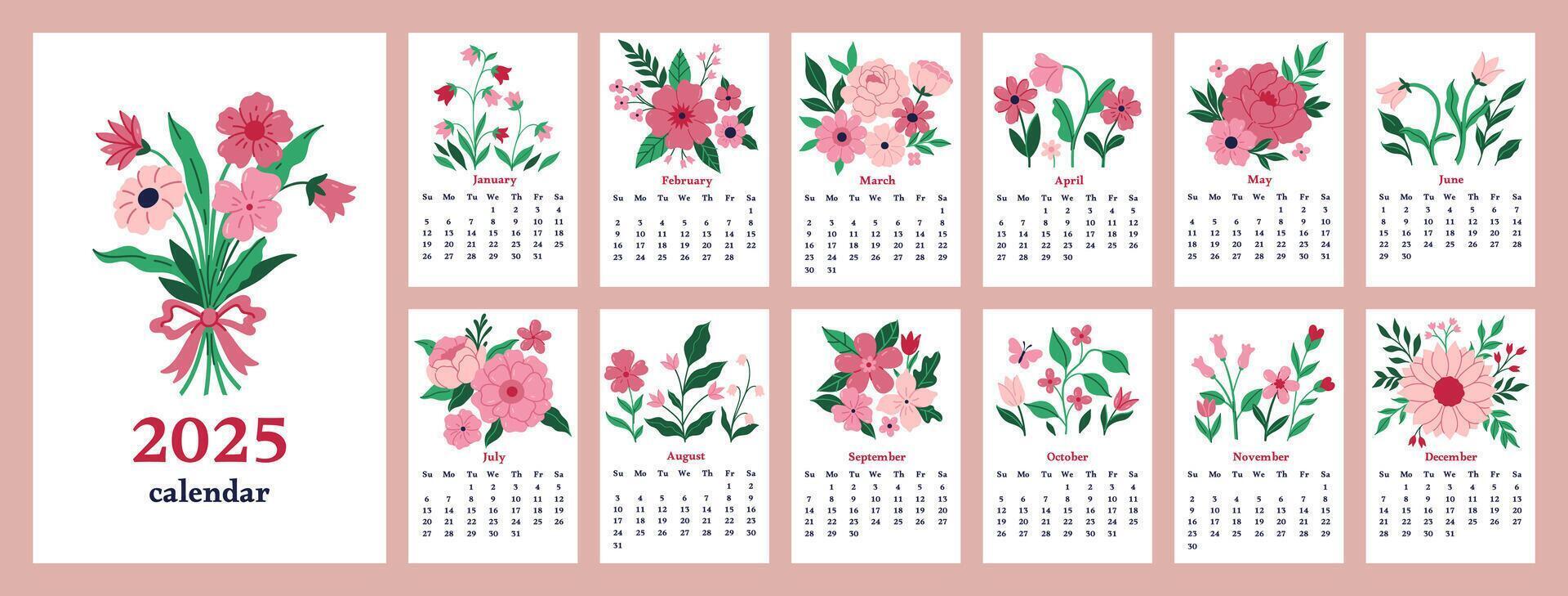 floral calendario 2025. conjunto de mes página plantillas decorado con hermosa flores en un blanco antecedentes. gráficos. vector