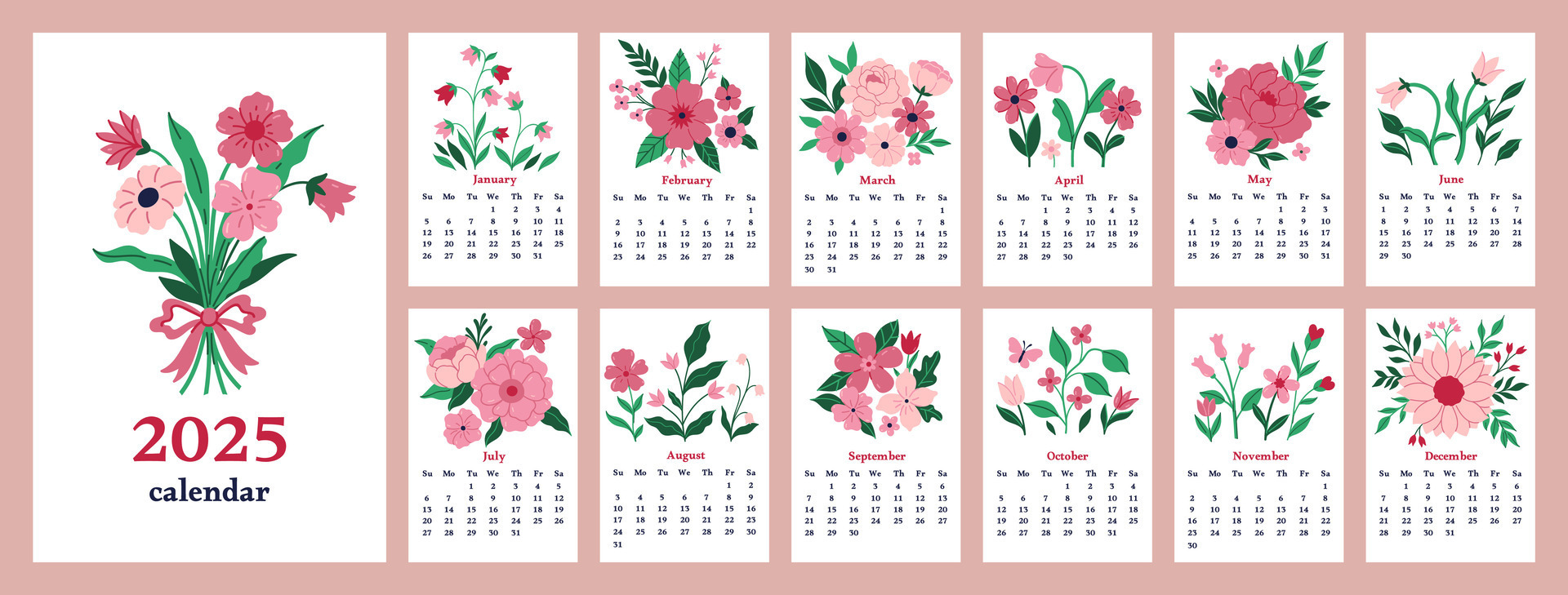 Floral calendar 2025. Set of month page templates decorated with