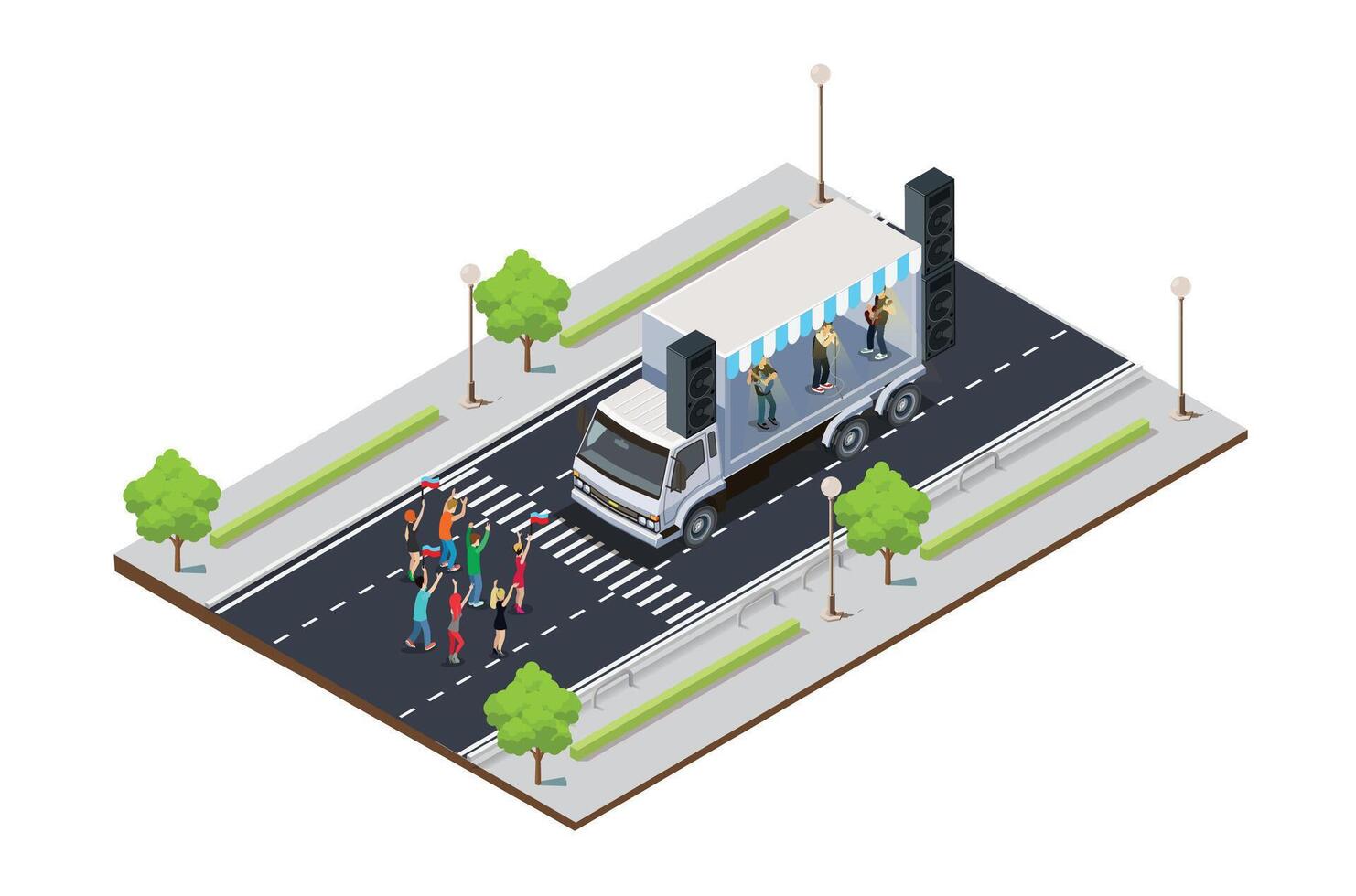 Carnival Music Festival Illustration Concept 3d Isometric View Party Elements, highway, trucks. Concert Background and Stage Landscape. Music Event illustration vector
