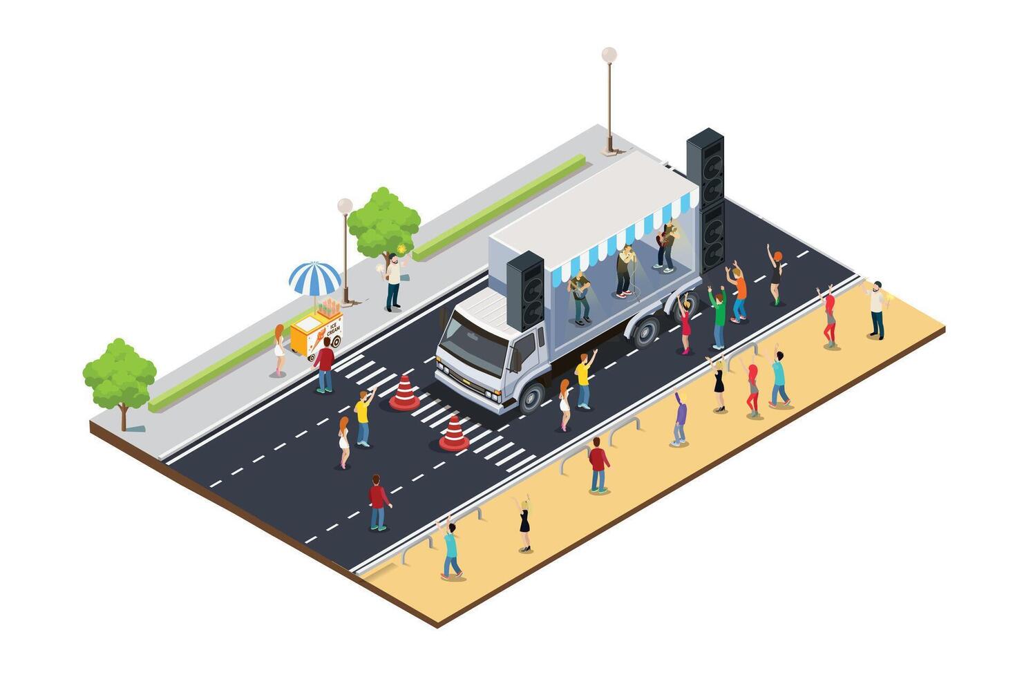 Music Festival Illustration on truck on the side of the road 3d Isometric View of Party Elements, people dancing, truck. Concert Background and Stage Landscape. Musical Event illustration vector